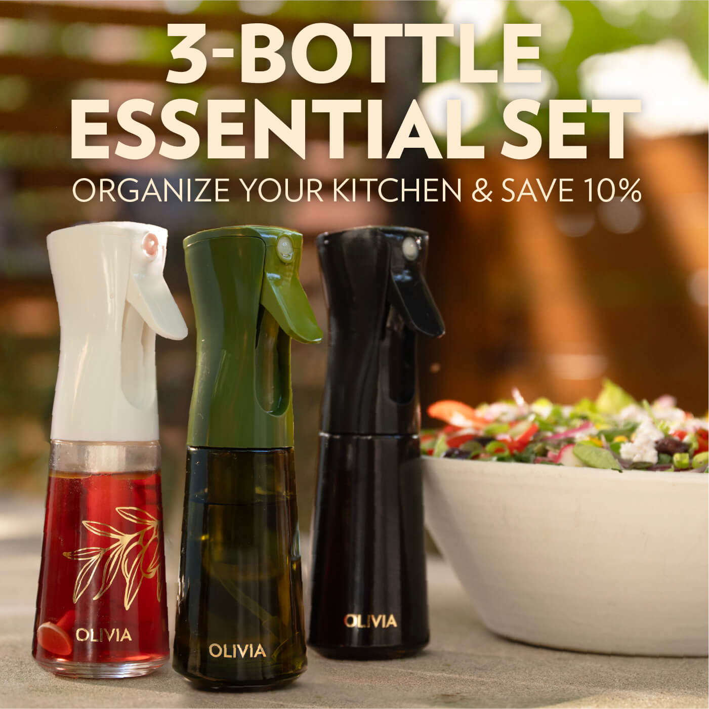 Olivia Signature Oil Sprayer 200ml 3 Bottle Essential Set (Green, Black, Golden Leaves)